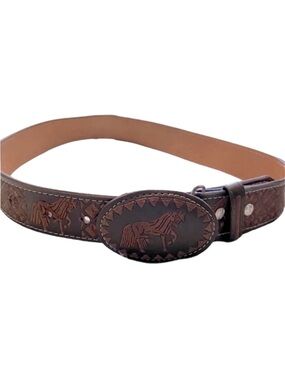JM Tooled Leather Belt Horse Buckle Western Cowboy Cowgirl Ranch Equestrian 36